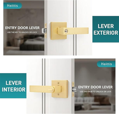 6 Pack Heavy Duty Square Brass Keyed Alike Entry Door Knobs, Locked Inside with Button Exterior/Interior Golden Door Handle Lever with 3 Universal Keys
