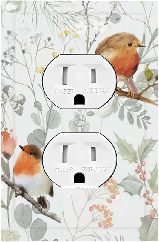 Outlet Covers Red Floral Berries Colorful Bird Plant 1 Gang Duplex Light Switch Cover Decorative Switch Plates Electrical Receptacle Faceplate Wall Plate For Bed Room Living Room Decor