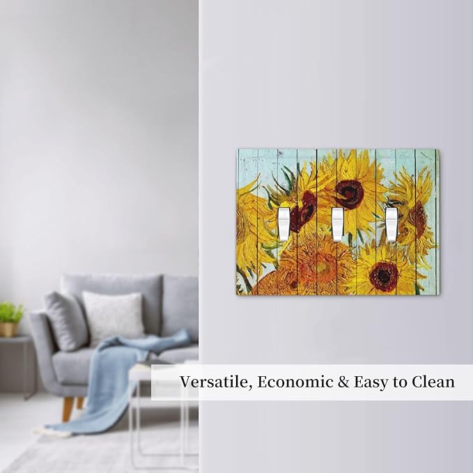 Decorative Switch Plates Sunflowers Oil Paintings Wood Floral 3 Gang Wall Plate Triple Toggle Light Switch Cover Faceplate Electrical Wall Panels For Farmhouse Bed Room Decor