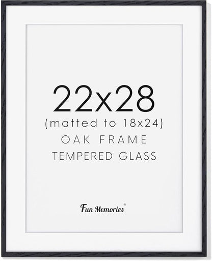 22x28 Black Picture Frame, 22x28 Poster Frame - Solid Oak Wood and Tempered Real Glass, 22x28 Frame with Mat for 18x24, Black Wood Frame 22 by 28, 22"x28" Art Frame