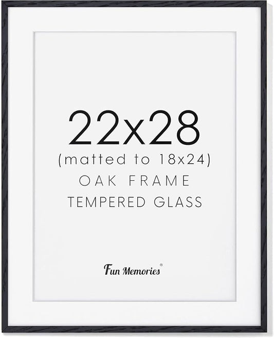 22x28 Black Picture Frame, 22x28 Poster Frame - Solid Oak Wood and Tempered Real Glass, 22x28 Frame with Mat for 18x24, Black Wood Frame 22 by 28, 22"x28" Art Frame