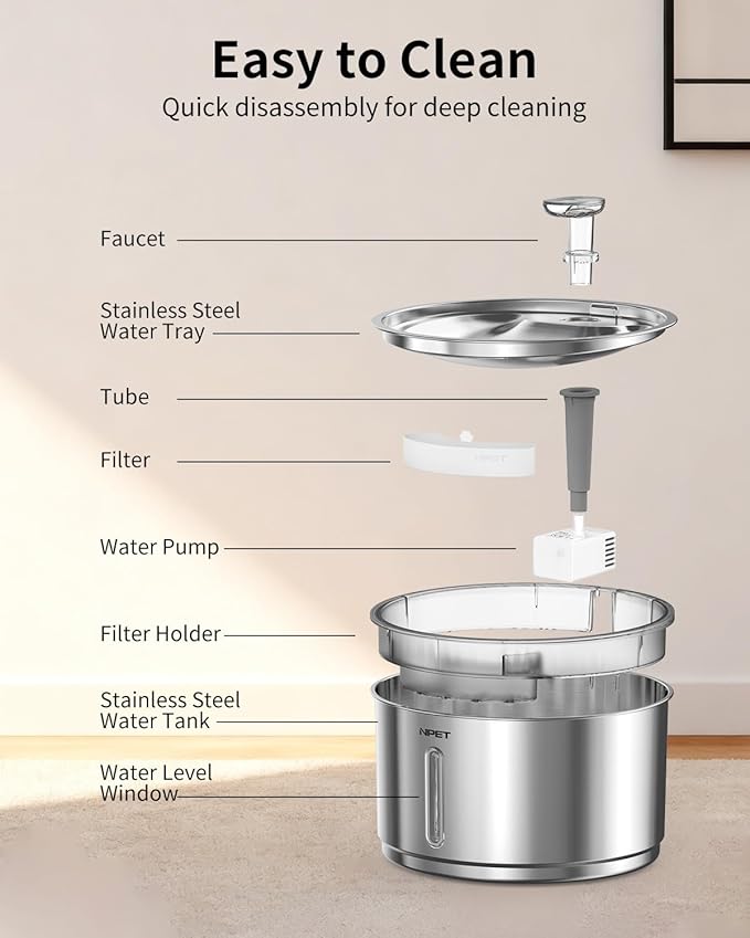 NPET Stainless Steel Cat Water Fountain, 1Gallon/135oz Automatic Pet Drinking Fountain Dog Water Dispenser with 4 Replacement Filters for Cats Indoor
