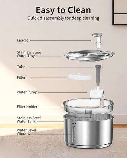 NPET Stainless Steel Cat Water Fountain, 1Gallon/135oz Automatic Pet Drinking Fountain Dog Water Dispenser with 4 Replacement Filters for Cats Indoor