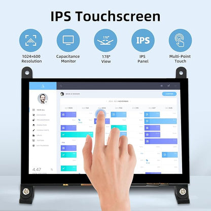 5 Inch LCD Touch Screen, 1024x600 IPS Display with Stand, HDMI Portable Monitor for Raspberry Pi 5/4B/3B+/3B/B+/Zero/400, BB Black, Windows 10 8 7, Free Driver