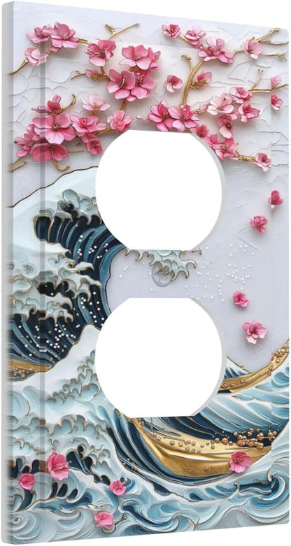 Outlet Covers The Great Wave Off Kanagawa With Sakura 1 Gang Duplex Wall Plate Decorative Switch Plates Electrical Receptacle Faceplate Light Switch Cover for Bedroom Bathroom Decor