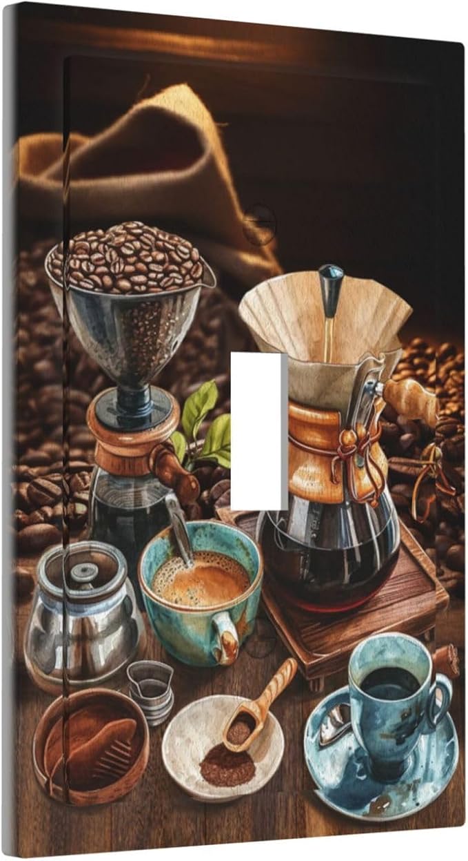 Decorative Light Switch Cover Plate Retro Coffee Maker Beans Cup 1 Gang Wall Plate Oversized Single Toggle Wall Cover Plate Jumbo Electrical Switchplate Faceplate