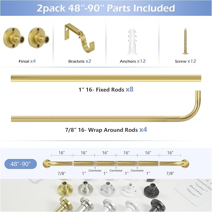 Gold Wrap Around Curtain Rods 2Pack:Blackout Heavy duty Adjustable Window Curtain Rod for Bedroom,Industrial Darkening Curved French Metal Single Drapery Rods Easy Install,Brushed Gold 48-90"