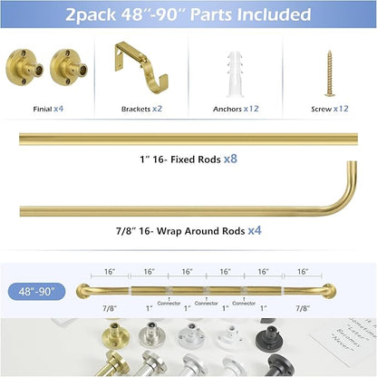 Gold Wrap Around Curtain Rods 2Pack:Blackout Heavy duty Adjustable Window Curtain Rod for Bedroom,Industrial Darkening Curved French Metal Single Drapery Rods Easy Install,Brushed Gold 48-90"