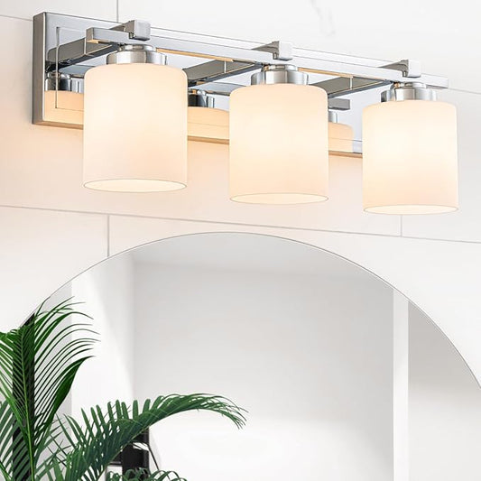 3 Light Modern Bathroom Light Fixtures Over Mirror, Chrome Vanity Lights for Bathroom Wall Sconces with Milky White Glass Shades, E26 Socket (Bulbs Not Included)