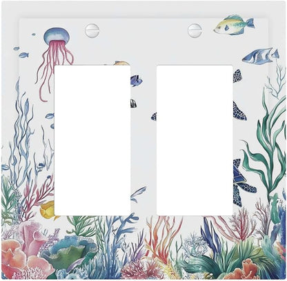 Blue Sea Turtle Ocean Fish Octopus Coral Decorative Outlet Covers 2 Gang Double Gfci Rocker Electrical Wall Panels Light Switch Cover Plate For Bathroom Kids Room Decor