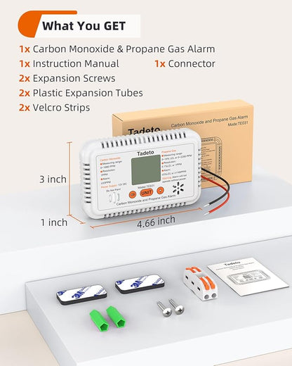 Tadeto RV Carbon Monoxide and Propane Gas Alarm, 12V DC Hardwired CO/LPG Gas Leak Alarm with Light and Audible Indicator, RV Propane Detector with Reset/Backlight for RV/Trailer/Camper