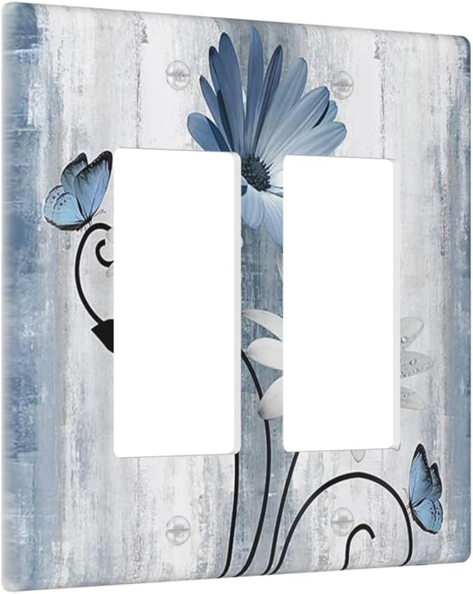 Decorative Outlet Covers Rustic Blue White Daisy Ink Flower 2 Gang Light Switch Cover Plate Double Rocker Wall Plates for Electrical Outlets Switch Plate Covers for Bedroom Home Decor