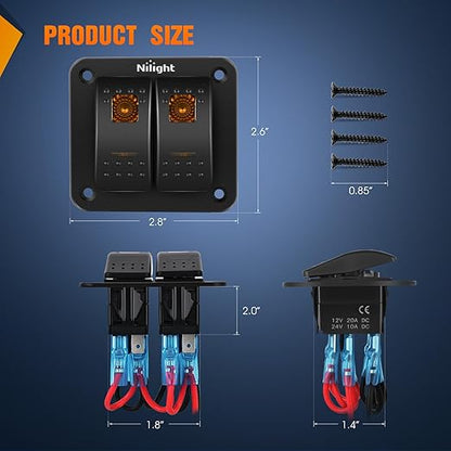 Nilight 2 Gang Rocker Switch Panel with Orange LED Light 5 Pin On Off Pre-Wired Aluminum Toggle Switches Waterproof for 12V/24V Cars Marine Boats ATVs Trailers RV Trucks