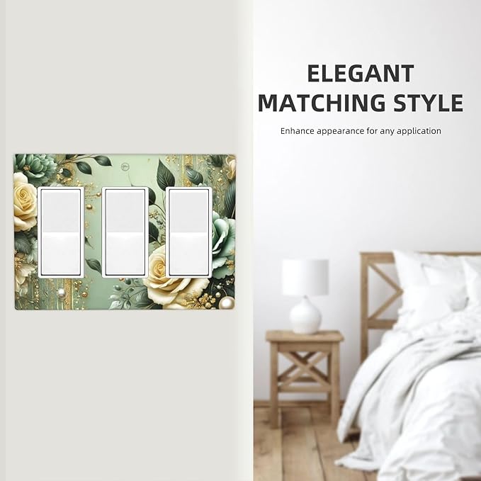Decorative Outlet Covers Rustic Green Floral Leaves Teal Flowers Gold Stripe 3 Gang Wall Plate Triple Rocker Light Switch Cover Plate Jumbo Electrical GFCI Faceplate