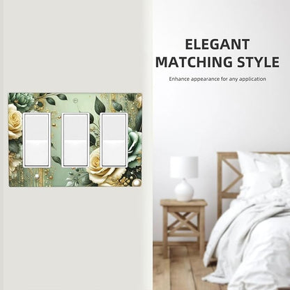 Decorative Outlet Covers Rustic Green Floral Leaves Teal Flowers Gold Stripe 3 Gang Wall Plate Triple Rocker Light Switch Cover Plate Jumbo Electrical GFCI Faceplate