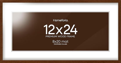 Homeforia 12x24 Picture Frame Brown, High End Dark Oak 12x24 Walnut Wood Poster Frame with Mat 8x20 Print, 12 x 24 Wooden Frame Matted to 8 x 20 Photo, 24x12 Frames, Tempered Glass, Wall Kit, Set of 1