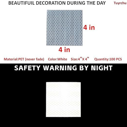 Non Fading White Reflective Stickers 4 inch X 4 inch, Outdoor Waterproof High Visibility Warning Safety Adhesive Reflector Tape (100 Pcs)
