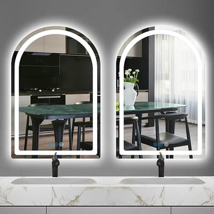 THEKLA 20 x 30 Inch LED Arched Mirror with Lights Memory 3 Color Adjustable Brightness Frontlight Arch Lighted Vanity Mirror for Bathroom Wall TableTop AntiFog 30" Bathroom Smart Arch Light up Mirrors