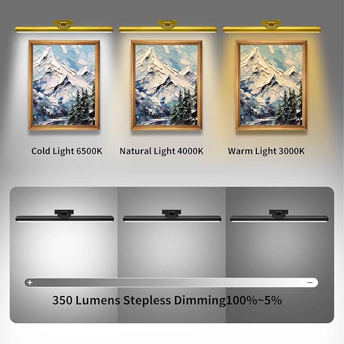 24.4" Wireless Picture Lights, Rechargeable Battery Art Display Light with Remote Control, Dimmable/Timer Off Dartboard Light, 3 Lighting Modes Full Metal Painting Display Lights (Black-1Pack)