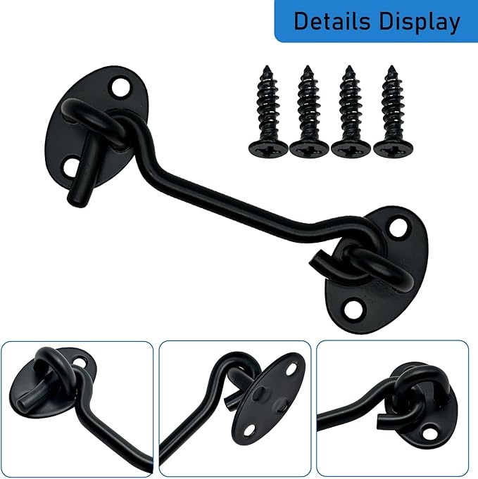 4 Pack 4" Hook and Eye Gate Latch, Stainless Steel Rust-Resistant Barn Door Lock Cabin Hooks for Gate Shutters Window Slide Barn Shed Cabinet Bathroom, with 16pcs Screw,Black