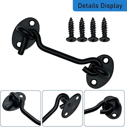 4 Pack 4" Hook and Eye Gate Latch, Stainless Steel Rust-Resistant Barn Door Lock Cabin Hooks for Gate Shutters Window Slide Barn Shed Cabinet Bathroom, with 16pcs Screw,Black
