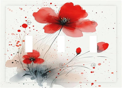 Vintage Watercolor Red Flowers Floral Decorative Switch Plates 3 Gang Wall Plate Triple Toggle Light Switch Cover Electrical Wall Panels Faceplate for Bedroom Bathroom Decor