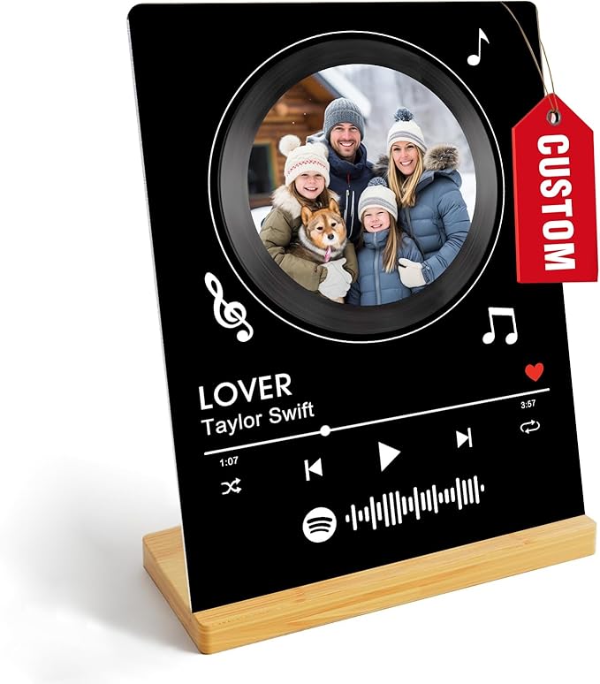 Custom Photo Prints - Metal Desktop Picture Frame with Photos & Spotify Song Plaque & Wooden Base Personalized Gifts for Family Friends and Lovers, Optional Multiple Sizes