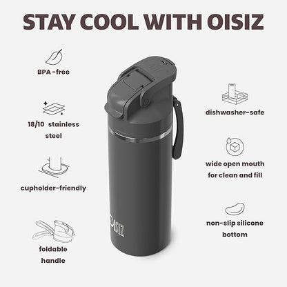 OISIZ Insulated Water Bottle 20 oz with 2 in 1 Spout and Straw Lid,One Click Safety Lock,100% Leakproof,Keep Cold 24H,Vacuum Stainless Steel Water Bottle for School,Travel and Sports,Dishwasher Safe