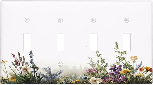 Light Switch Cover Plate White Background Colorful Flowers Plants Green Leaves 4 Gang Quad Toggle Wall Plate Electrical Outlet Cover Decorative Switch Plate Covers for Bedroom Home Decor