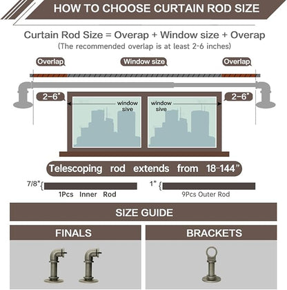 Industrial Curtain Rods 18 to 144 in,Blackout Curtain Rod,Adjustable Length,1 in Diameter Pipe,Wall or Ceiling Mounted,for Bedroom and Living Room (Antique Silver 18” to 144”)