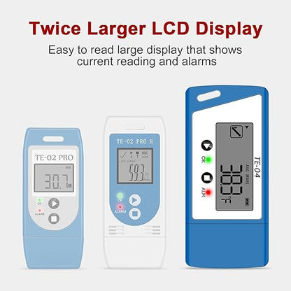 TE-04 Temperature Data Logger with 1.5M External Probe, Auto PDF& CSV Report, 35,000 Points, Large Display Pause Recording Function, Temperature Recorder for Cold Chain Shipping Vaccine Storage