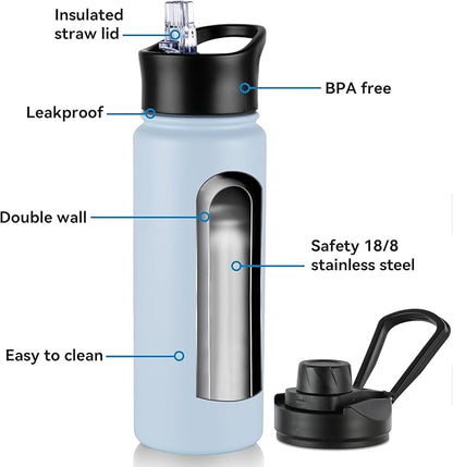 24oz Insulated Water Bottle with Straw Lid, Stainless Steel Metal Water Bottle with Straw & Wide Mouth Lid, Double Wall Vacuum Water Bottle for Hiking Camping, Light Blue 4 Pack