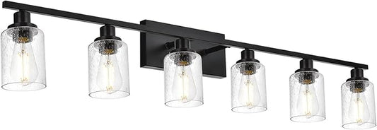 6-Light Seeded Glass Vanity Light Fixtures in Matte Black Finish, 45.3 Inches Length Modern Bathroom Wall Lighting Over Mirror Wall Mount Lights