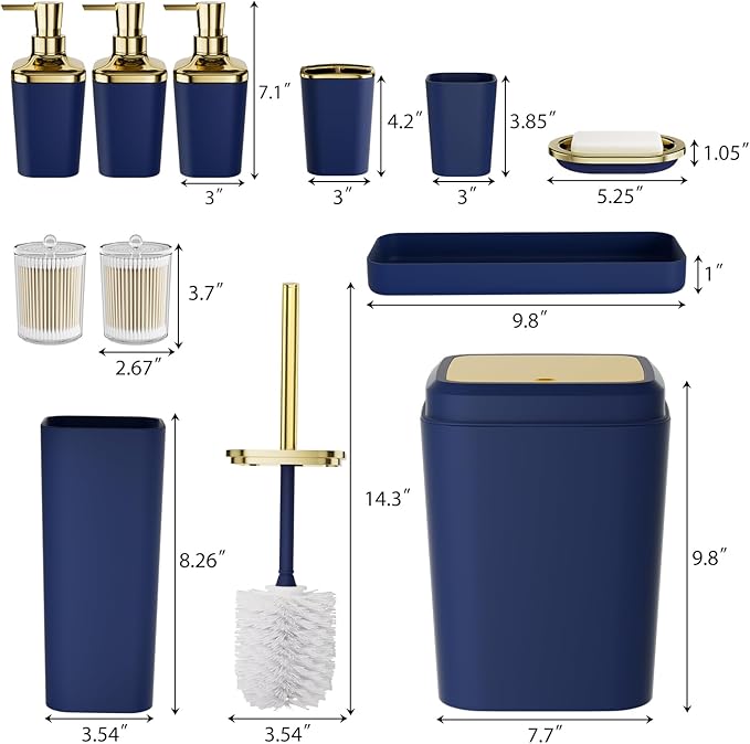 Bathroom Accessory Set, 11PC Bathroom Set, Navy Blue Bathroom Accessories, Bathroom Accessories Set with Trash Can, 3PC Soap Dispensers and Toilet Brush