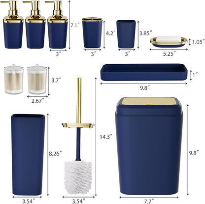 Bathroom Accessory Set, 11PC Bathroom Set, Navy Blue Bathroom Accessories, Bathroom Accessories Set with Trash Can, 3PC Soap Dispensers and Toilet Brush