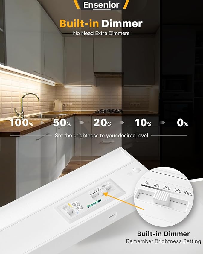 Ensenior 18 Inch LED Under Cabinet Lighting Hardwired, 5CCT, 10W 650LM, 2700K/3000K/3500K/4000K/5000K, Wired Under Cabinet Lights, Dimmable Under Counter Lights for Kitchen, FCC, 2 Packs