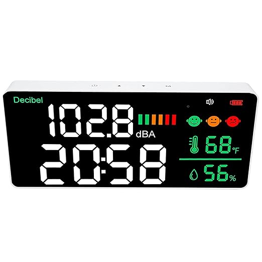 Decibel Meter Sound Level Reader, 11 Inch LED Display with Time Temperature Humidity, 30-130db Range - Sensor, Adjustable Brightness, USB Rechargeable for Home of