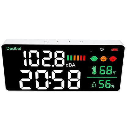 Decibel Meter Sound Level Reader, 11 Inch LED Display with Time Temperature Humidity, 30-130db Range - Sensor, Adjustable Brightness, USB Rechargeable for Home of