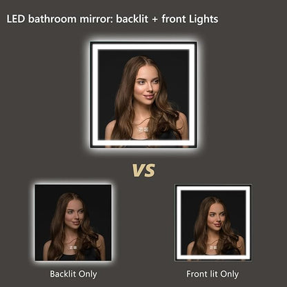 APRILSOUL 30x30 Inch LED Bathroom Mirror with Front and Backlit, Makeup Mirror with 3 Color Lights, Memory Function, Anti-Fog and Dimmable Light (Horizontal)