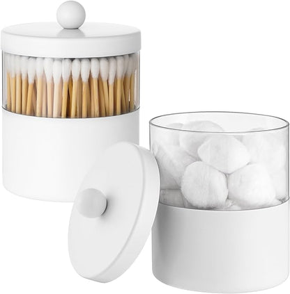 Gaussra White Apothecary Jars, White Qtip Holder - Stainless Steel Bathroom Jar with Stickers - Farmhouse Decor Qtip Dispenser for Qtips, Cotton Balls, Swabs, Makeup Sponges (2-Pack)