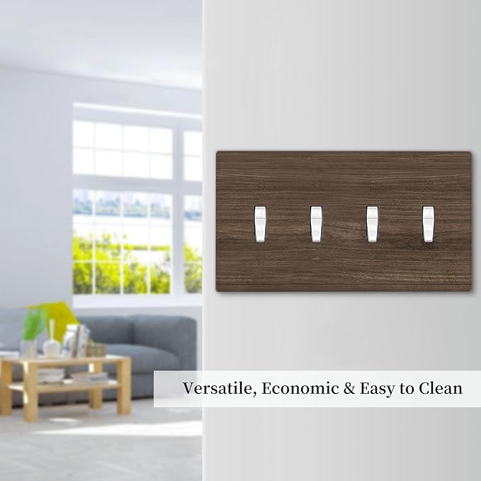 Light Switch Cover Plate Rustic Walnut Wood Grain 4 Gang Quad Toggle Wall Plate Electrical Outlet Cover Decorative Switch Plate Covers for Farmhouse Cabin Decor