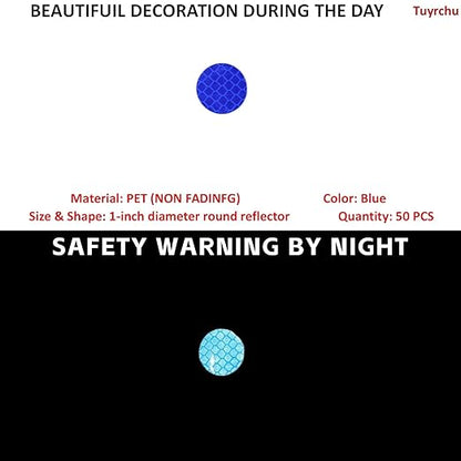Non Fading Blue Reflective Stickers 1-inch Diameter Round Reflector, Outdoor Waterproof High Visibility Warning Adhesive Tape (50 Pcs)