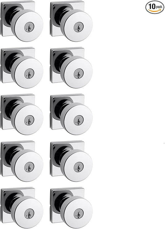 Kwikset Pismo Entry Door Knob with Lock and Key, Secure Keyed Handle Exterior, Front Entrance and Bedroom, Polished Chrome, 10 Pack, Pick Resistant SmartKey Rekey Security