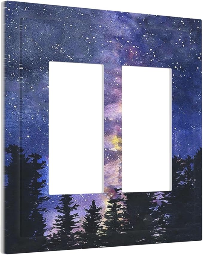Decorative Outlet Covers Dream Milky Way Starry Forest Pine Watercolor Painting 2 Gang Double GFCI Rocker Electrical Wall Panels Light Switch Cover Plate for Bedroom Home Decor