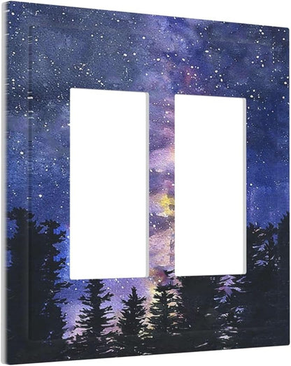 Decorative Outlet Covers Dream Milky Way Starry Forest Pine Watercolor Painting 2 Gang Double GFCI Rocker Electrical Wall Panels Light Switch Cover Plate for Bedroom Home Decor