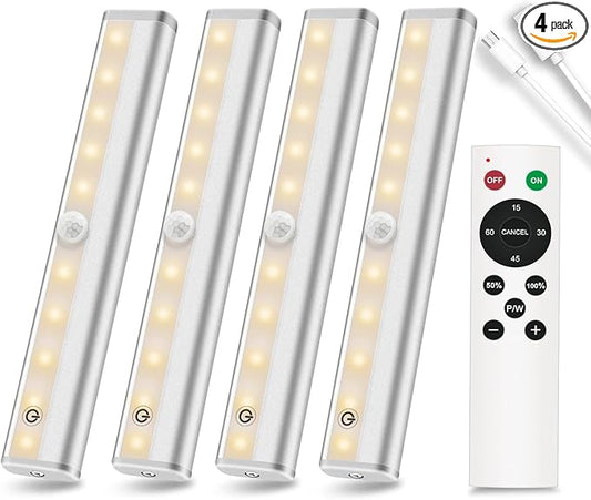 Diomart Under Cabinet Lighting, Wireless Rechargeable Under Counter Lights with Remote Control, 20- LED Dimmable Led Closet Light Stick-on Anywhere Touch Night Light for Kitchen, Wardrobe (4 Pcs)