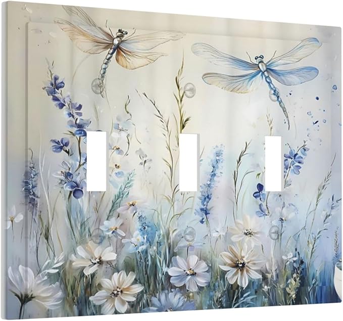 Decorative Light Switch Cover Plate Watercolor Dragonfly Blue Wihte Flower 3 Gang Wall Plates for Electrical Outlets Triple Toggle Switch Plate Covers Outlet Covers Faceplate for Home Decor