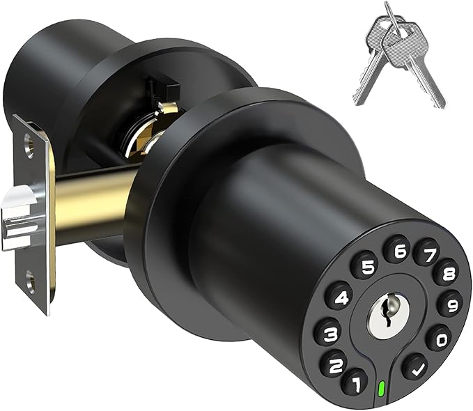 Keypad Door Knob with Key,Keyless Entry Door Lock, Code Locks Door Knob, Auto Lock,50 User Code,Easy to Install,for Home,Office,Hotel,Bedroom,Garage,No Deadbolt, Matte Black Finish