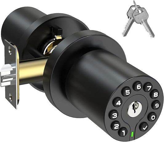 Keypad Door Knob with Key,Keyless Entry Door Lock, Code Locks Door Knob, Auto Lock,50 User Code,Easy to Install,for Home,Office,Hotel,Bedroom,Garage,No Deadbolt, Matte Black Finish