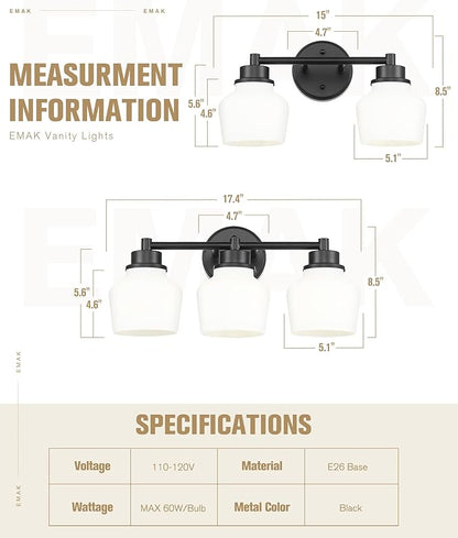 Emak 2-Light Vanity Light, Modern Farmhouse Black Bathroom Fixture Over Mirror With Milk Glass Shade, VL122-BK-ML-2